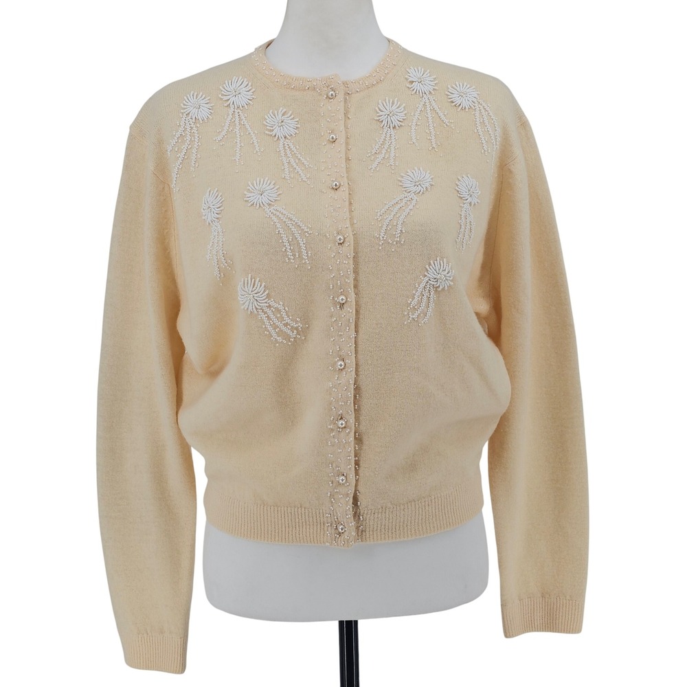 Vintage 50s Cavanagh's Beaded Angora Lambswool Cardigan L Butter Grandmacore